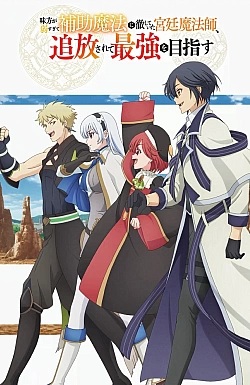 Постер к аниме Придворный маг, пользовавшийся лишь магией поддержки, потому что его союзники слишком слабы, решил стать сильнейшим после изгнания